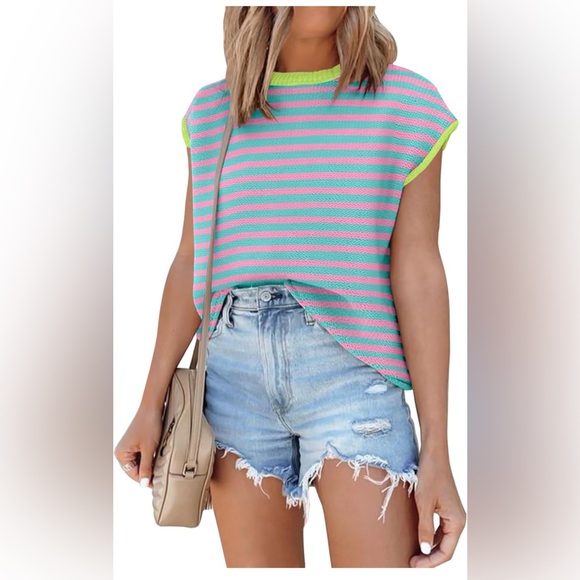 Tops - ANRABESS Womens Summer Cap Sleeve Sweater Crewneck Sleeveless Knit Tops Casual